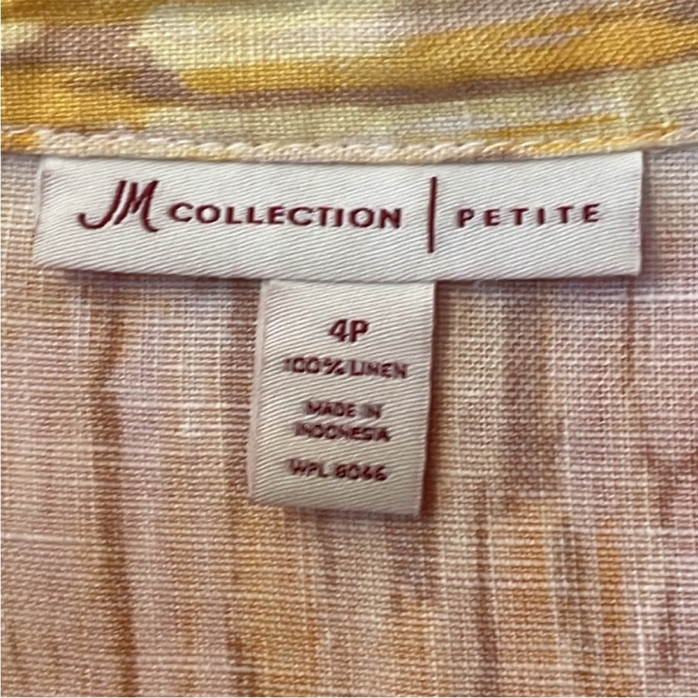 Linen Button Shirt J M Collection Petite 4 Yellow Abstract Top 3/4 Sleeves - Picture 5 of 6